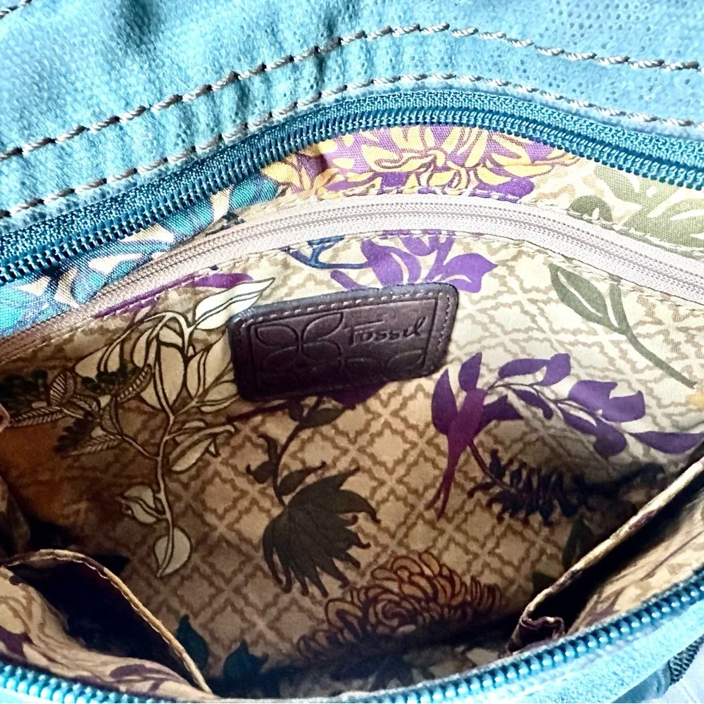 Fossil Teal Green Velvet Corduroy with Brown Leather Trim & Stitching Crossbody
